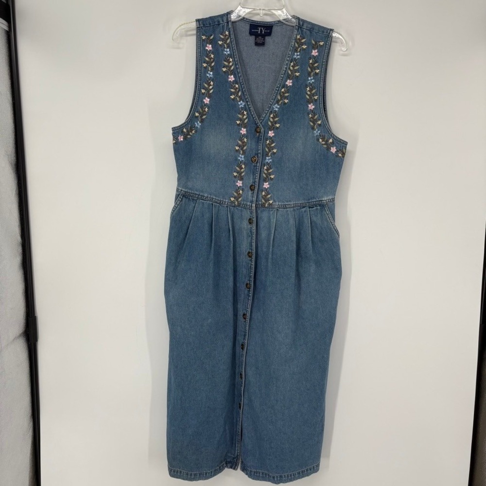 Denim Dress Womens 12P Blue Floral Embroidered Modest Button Front Midi‎